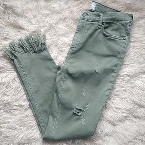 Free People Great Heights Green Fringe Distressed Hem Pants 25